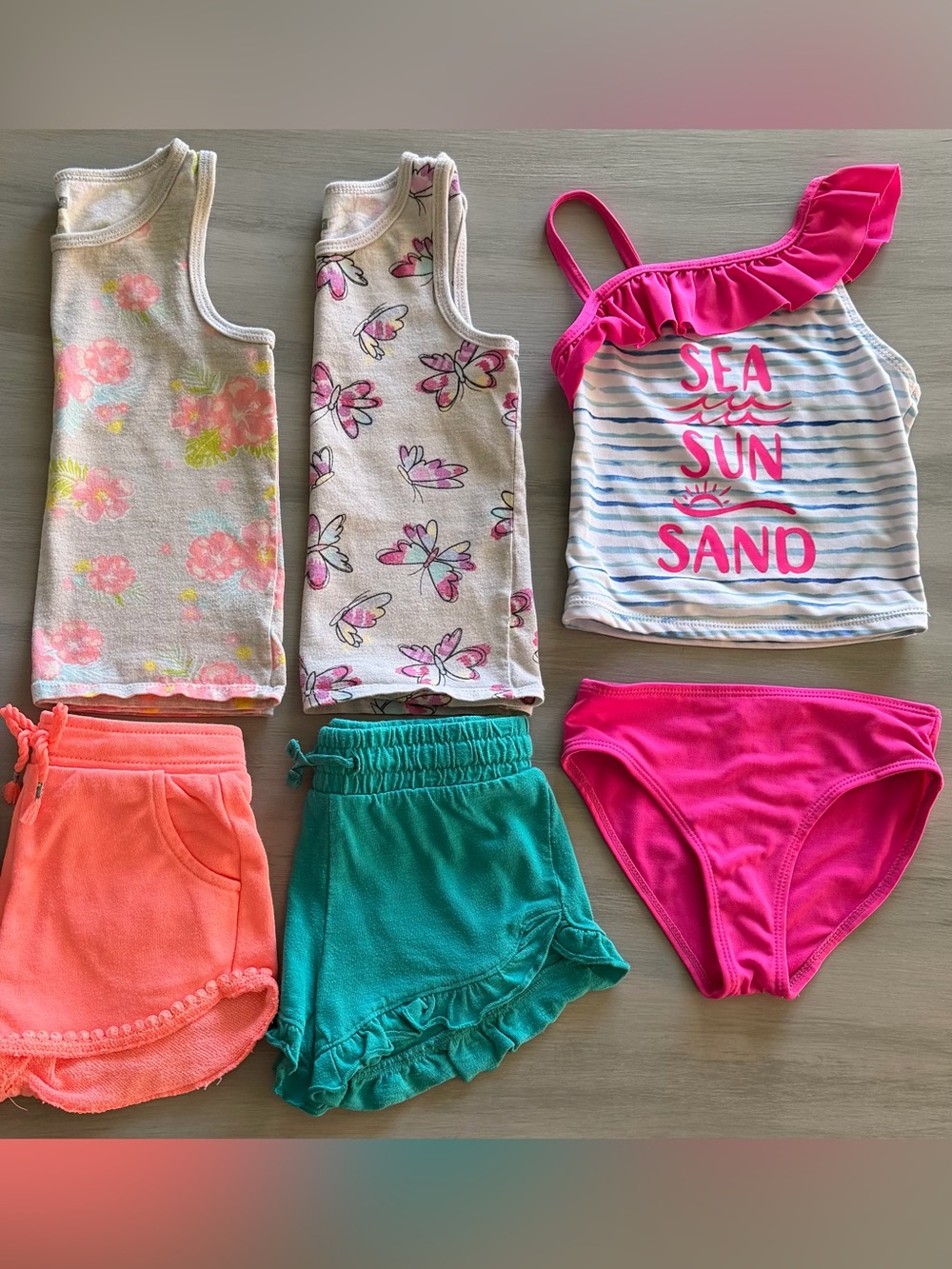 Girls 4T Summer Bundle- Garanimals Tanks & Shorts, Swim Suit. Flowers, Butterfly